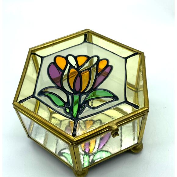 Hexagon Brass and glass-stained glass lid trinket box mirrored vintage Taiwan - Picture 2 of 8